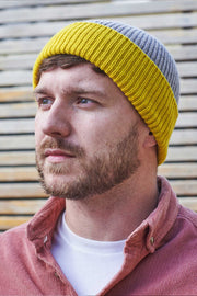 Soft Brown & Electric Yellow Ribbed Beanie