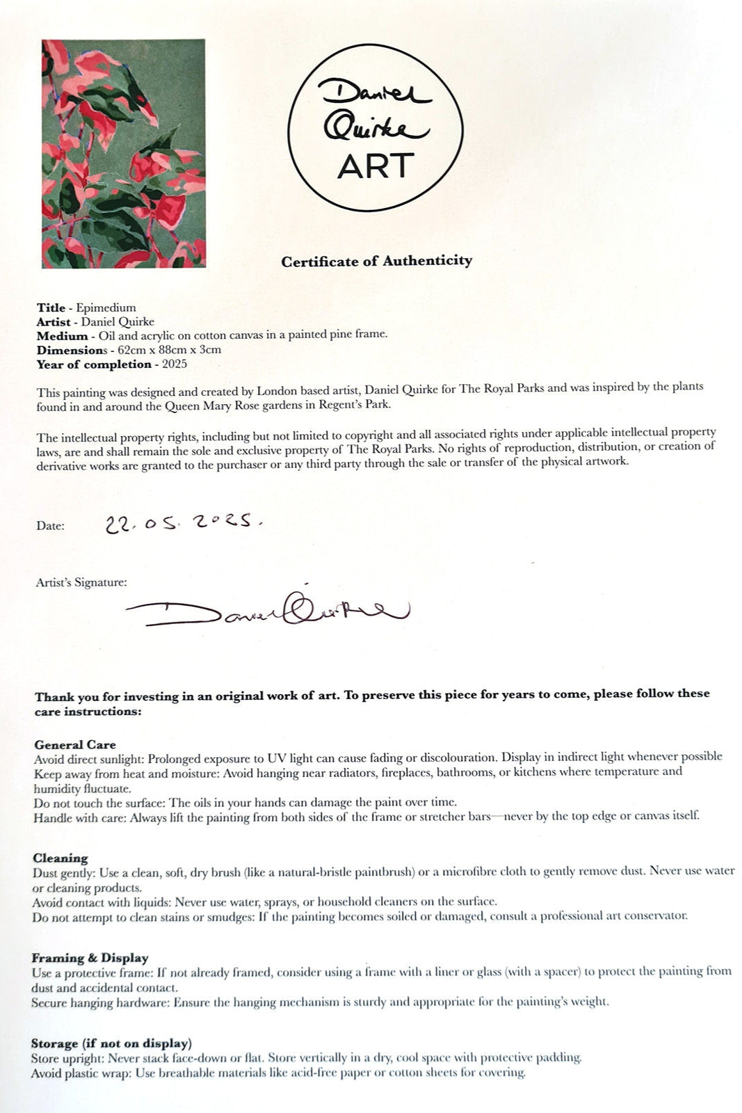 Epimedium Painting On Canvas By Daniel Quirke_certificate of authenticity