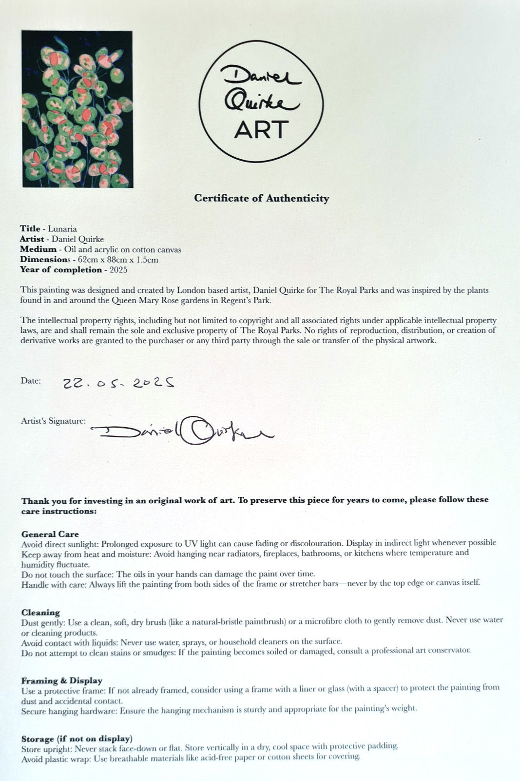 Lunaria Painting On Canvas By Daniel Quirke_certificate of authenticity