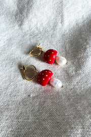 Red Fly Agaric Mushroom Pearl Hoop Earrings