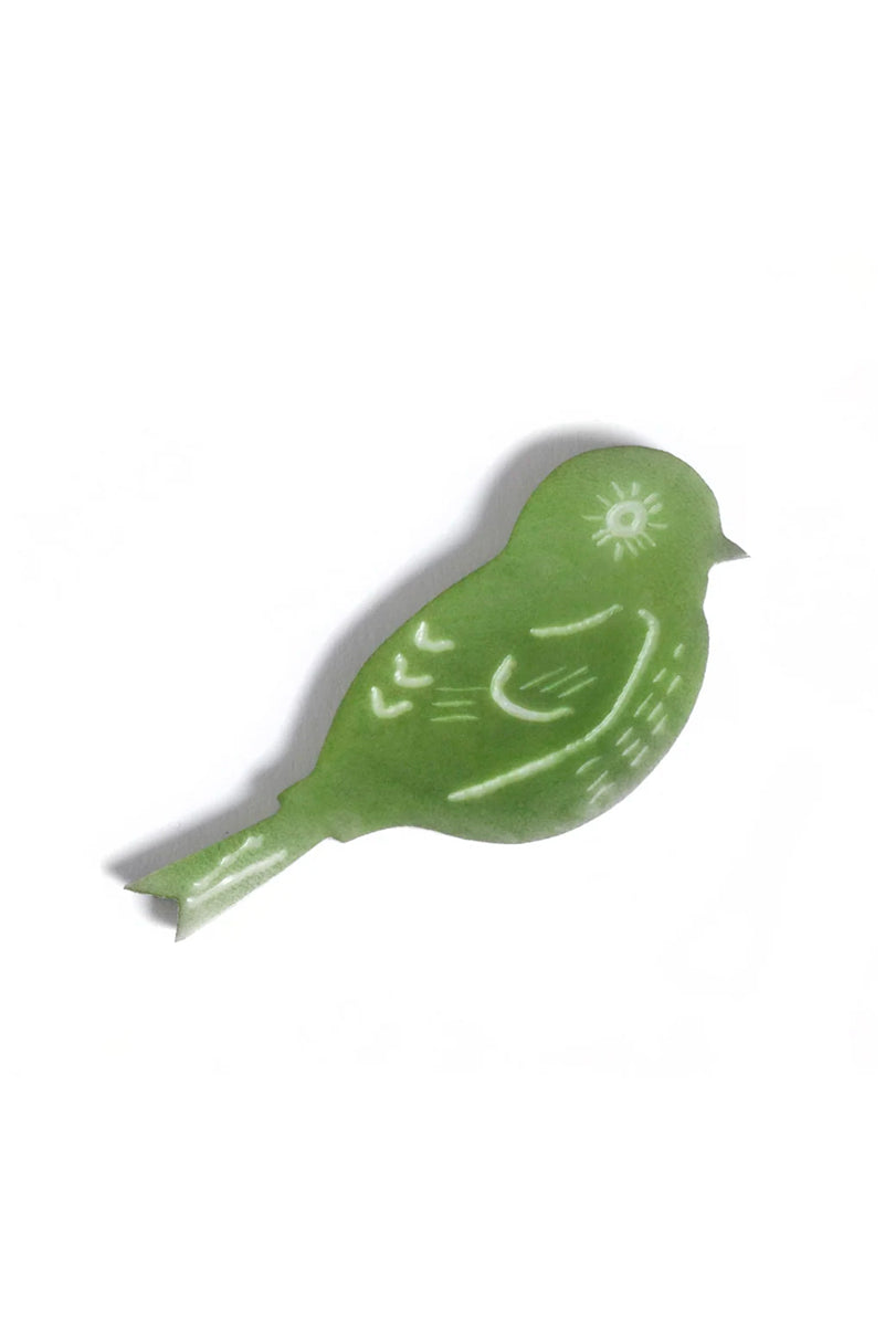 Green Woodland Warbler brooch by Just Trade