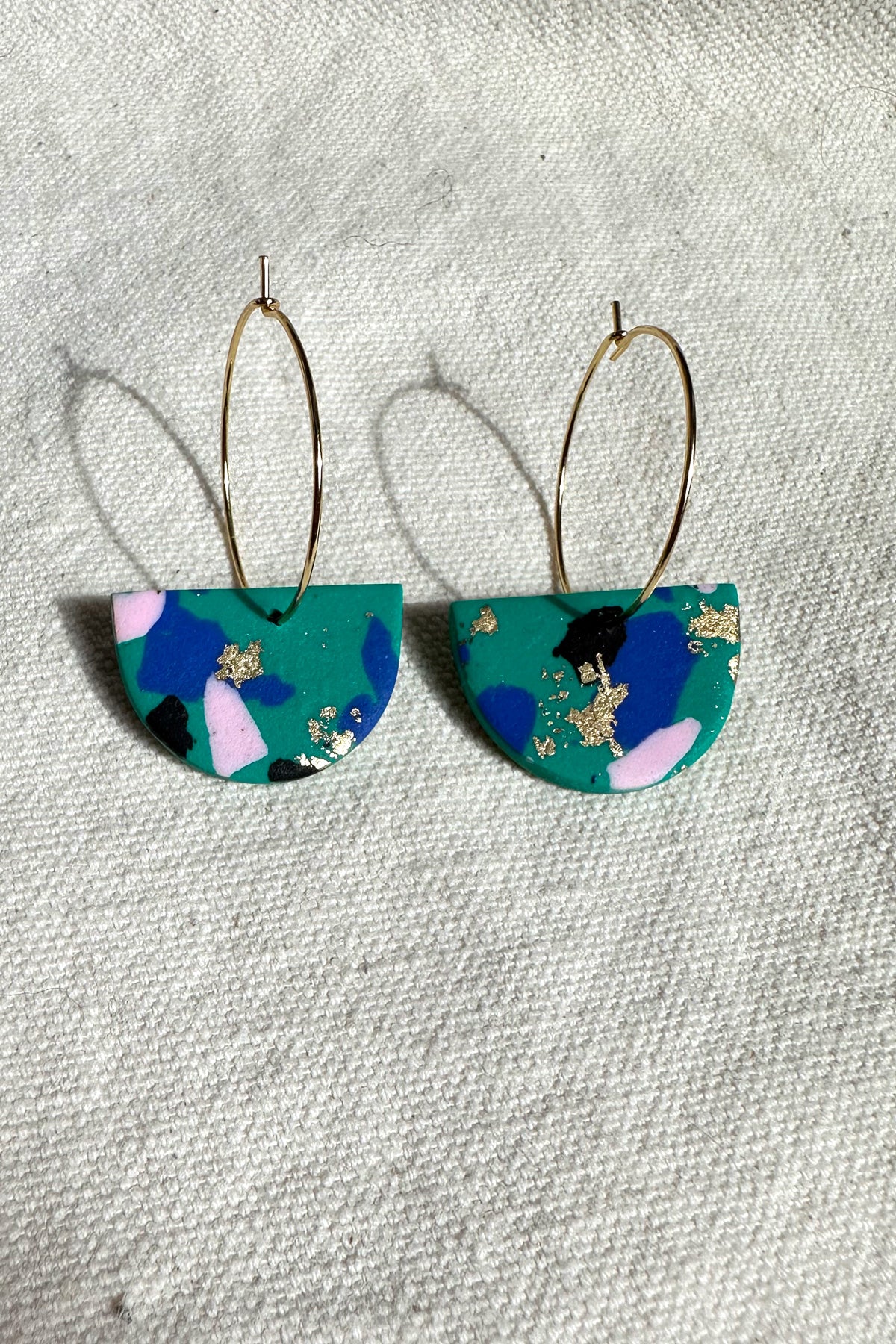 Animal Print Green and Black Half Moon Hoop Earrings 