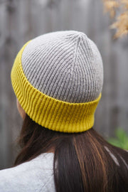 Soft Brown & Electric Yellow Ribbed Beanie