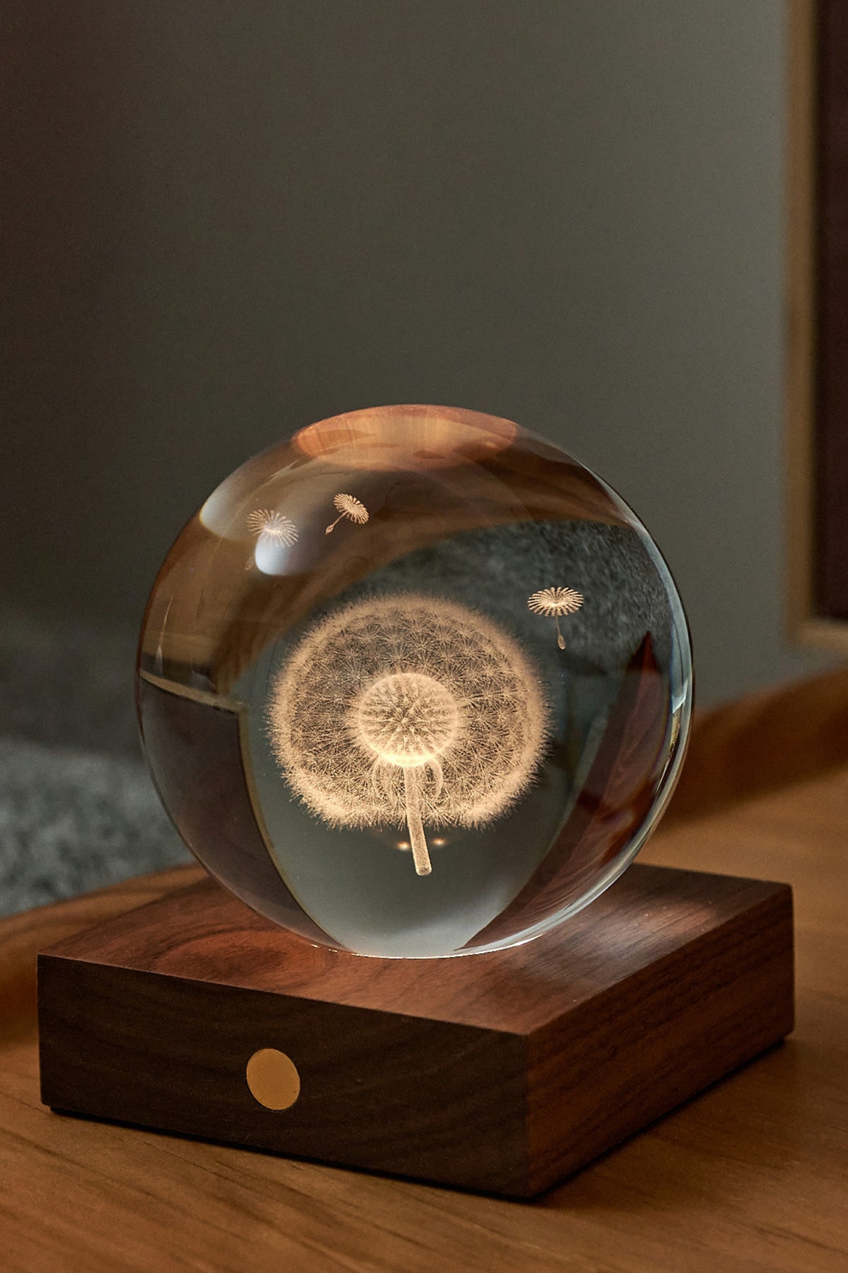 Crystal Ball Dandelion Lamp with Walnut Wood Base