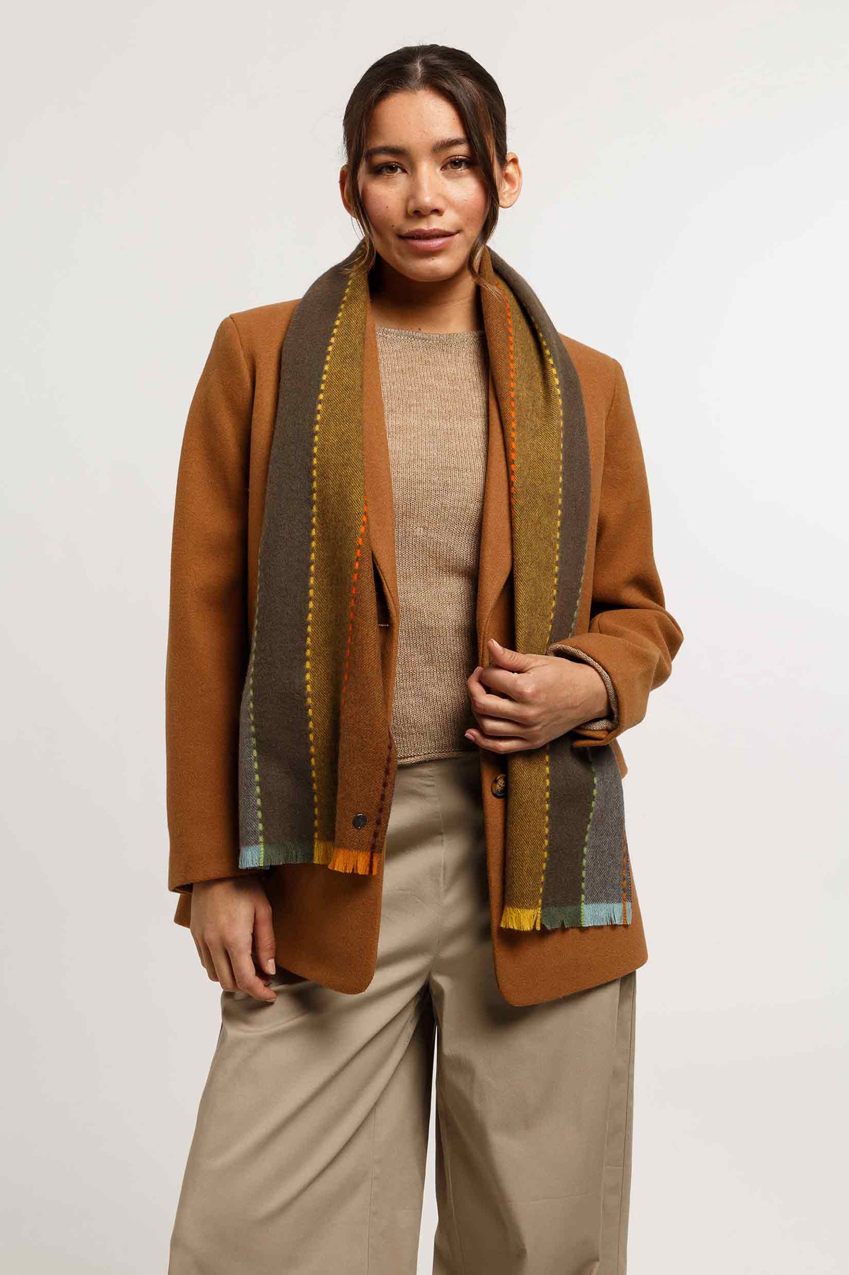 Orange, Teal & Grey Soft Wool Pinstripe Scarf