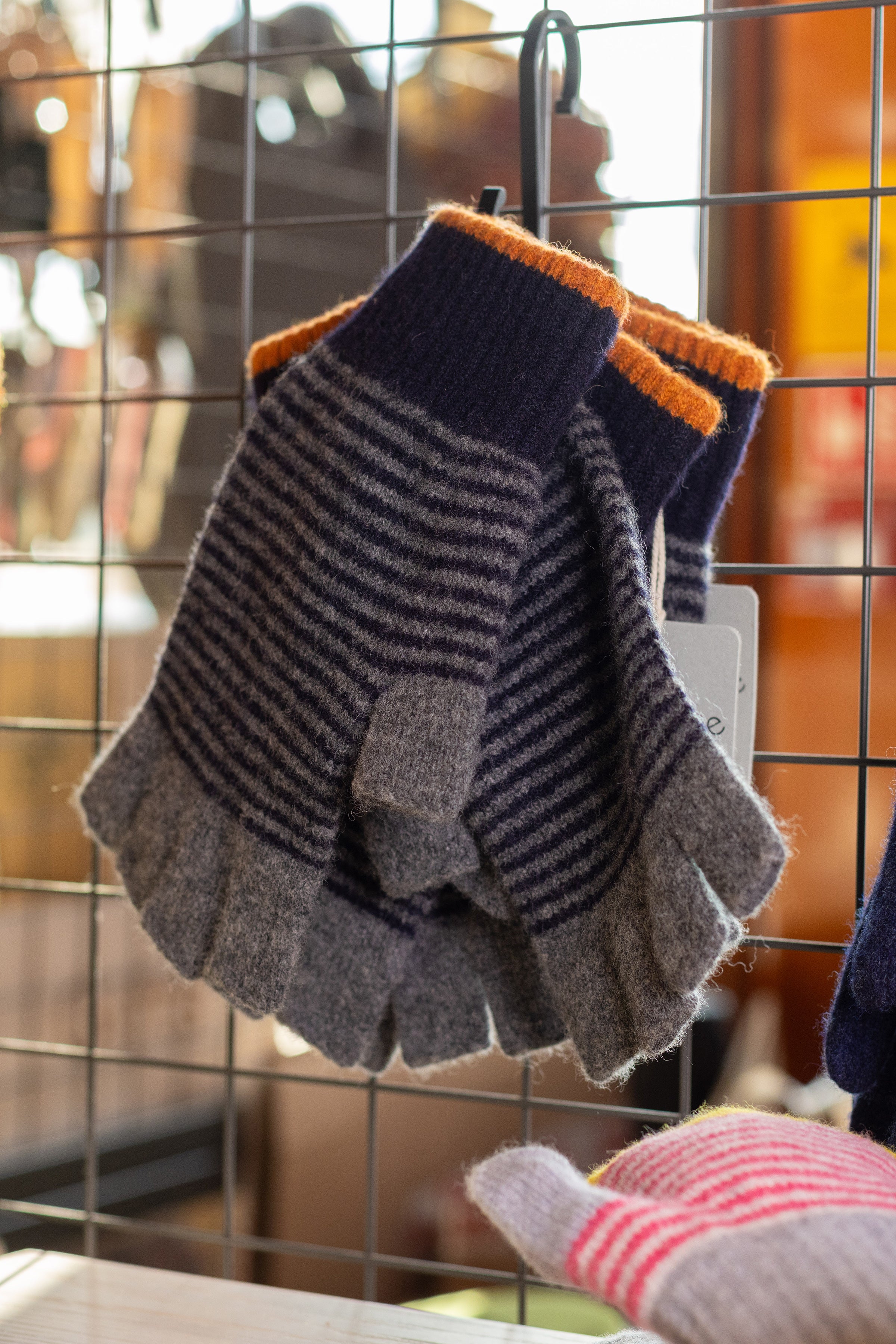 Fingerless Navy & Grey Wool Stripe Gloves