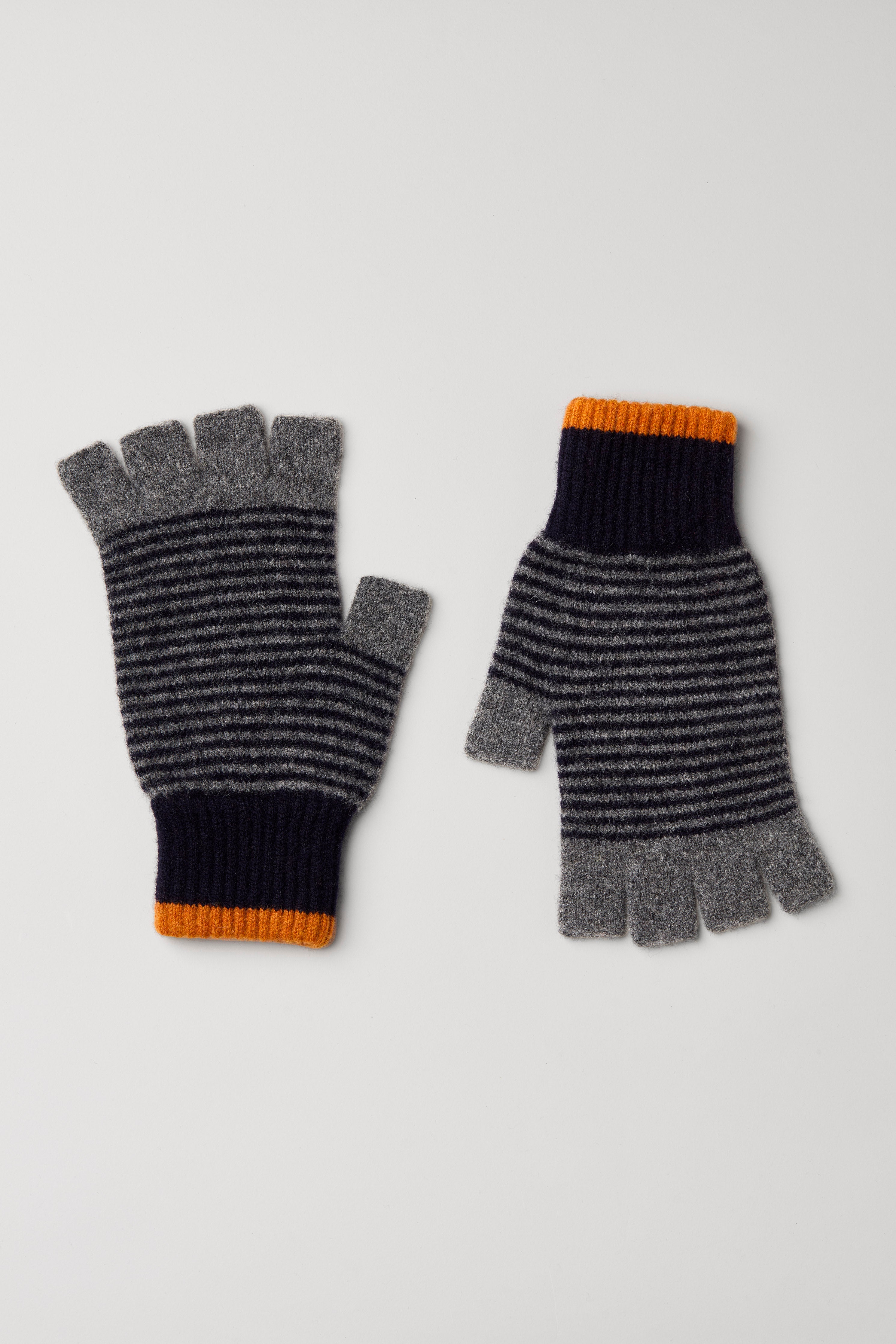 Fingerless Navy & Grey Wool Stripe Gloves