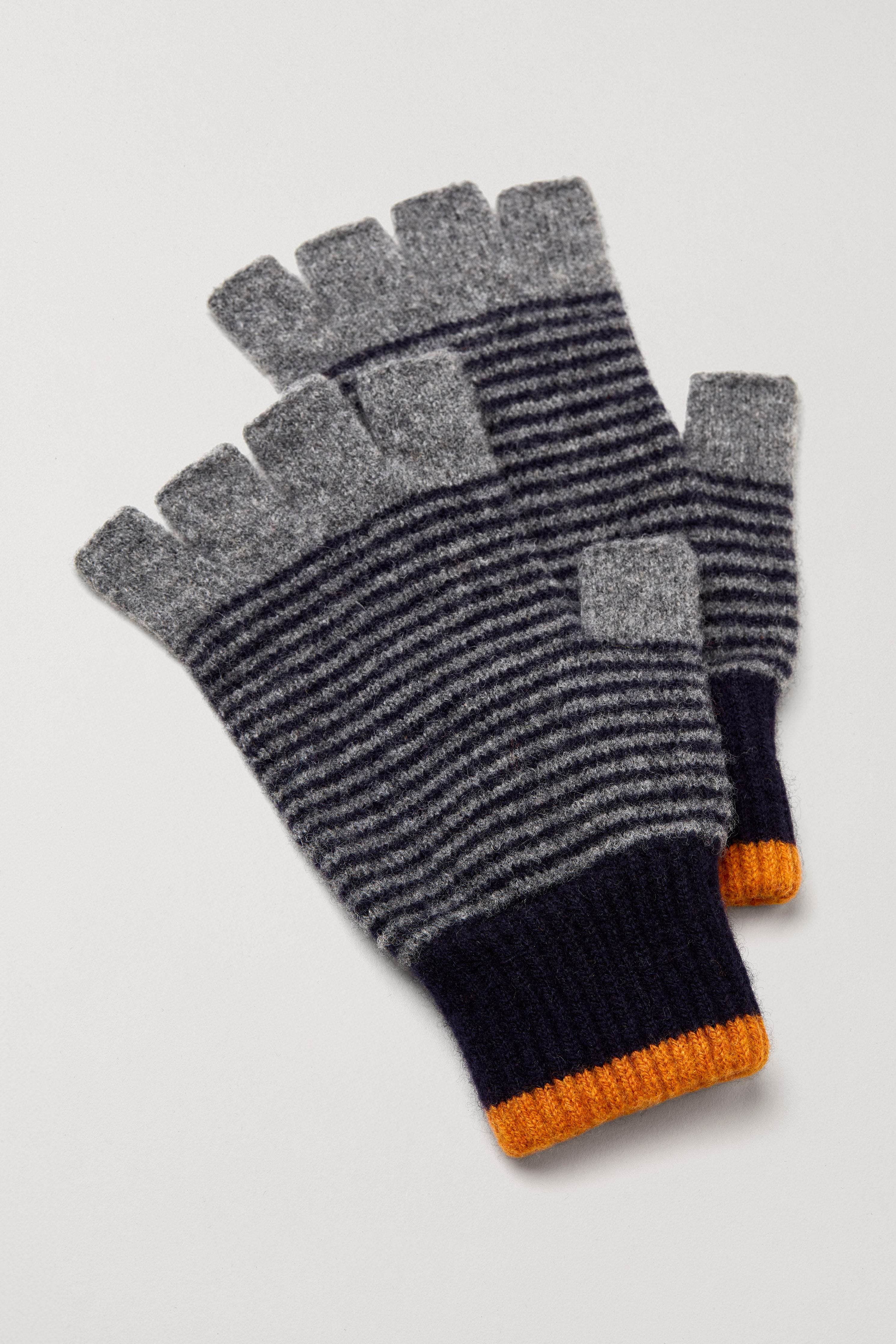 Fingerless Navy & Grey Wool Stripe Gloves