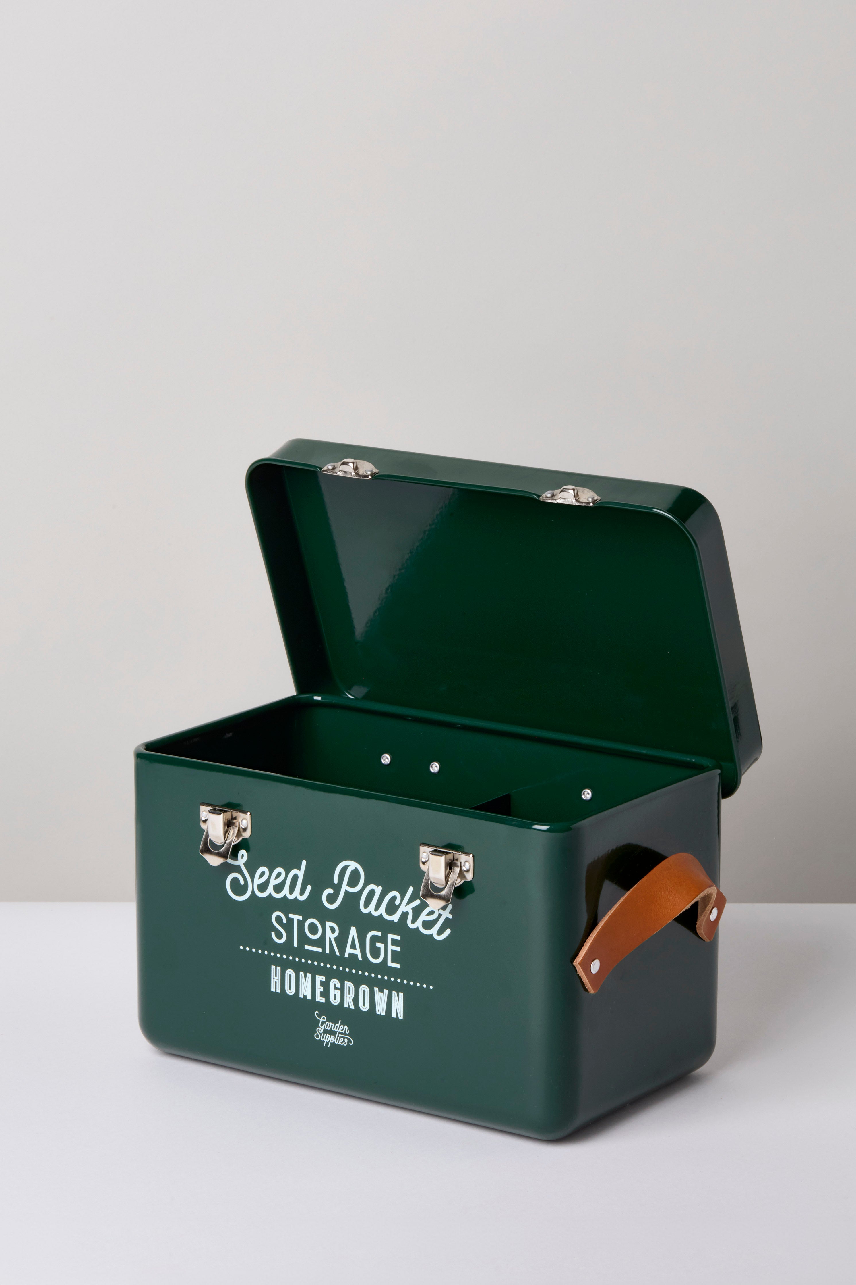 Garden and Seed Storage Tin with Leather Handles