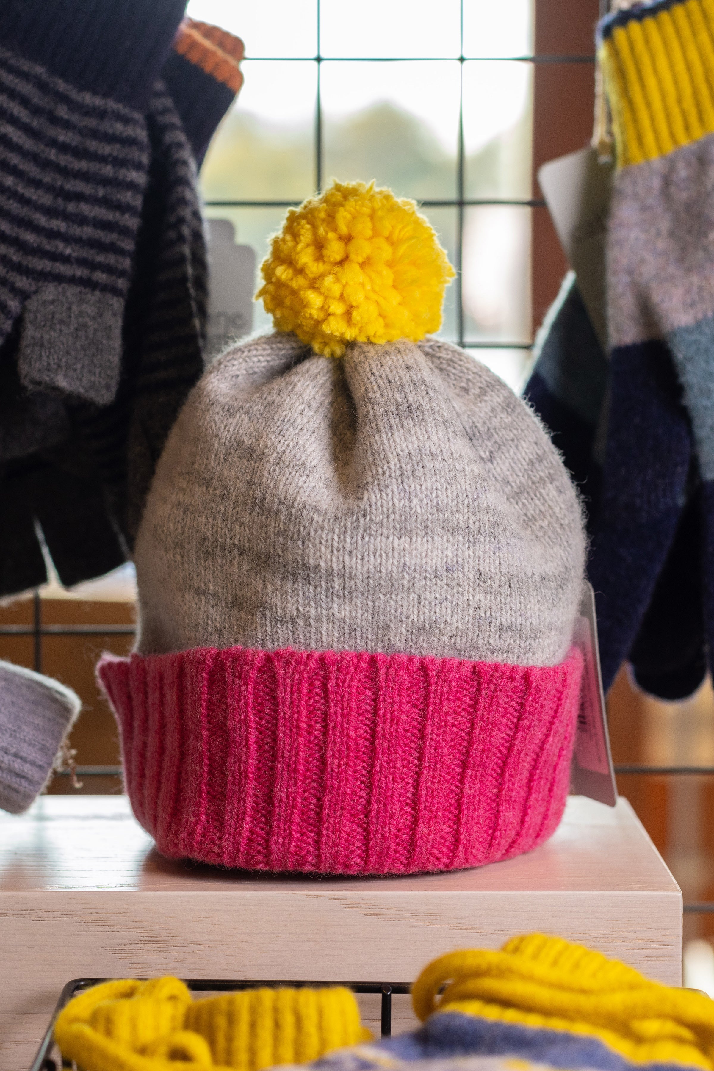 Kids Bobble Hat Grey, Pink & Yellow Lambswool (2-5years)