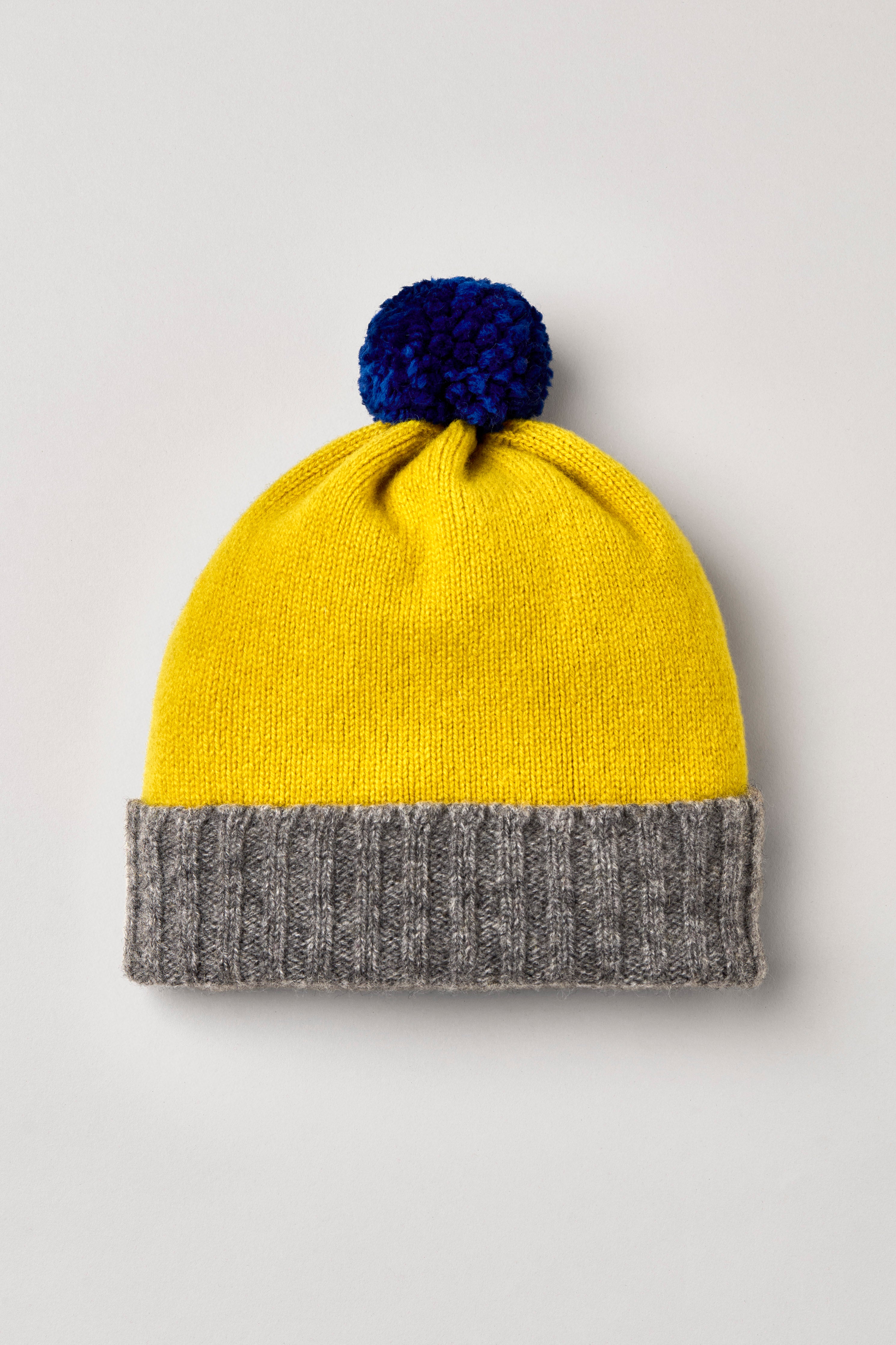 Kids Lambswool Bobble Hat Yellow, Grey & Navy