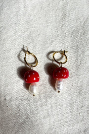 Red Fly Agaric Mushroom Pearl Hoop Earrings