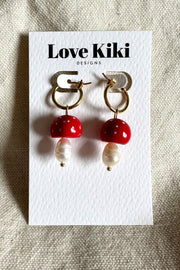 Red Fly Agaric Mushroom Pearl Hoop Earrings