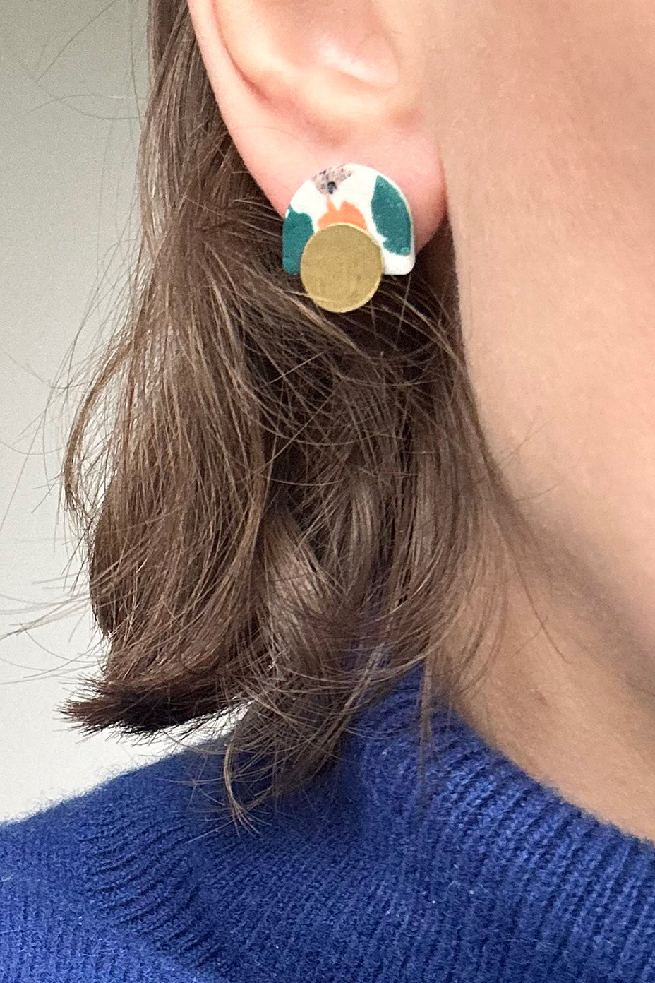 Terrazzo Green & Orange Brass Earrings